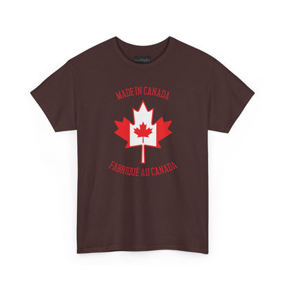 On the front of this custom unisex t-shirt is a large maple leaf with the Canadian flag on the inside, the words Made In Canada are above the maple leaf with the same in French underneath that says Fabrique Au Canada.