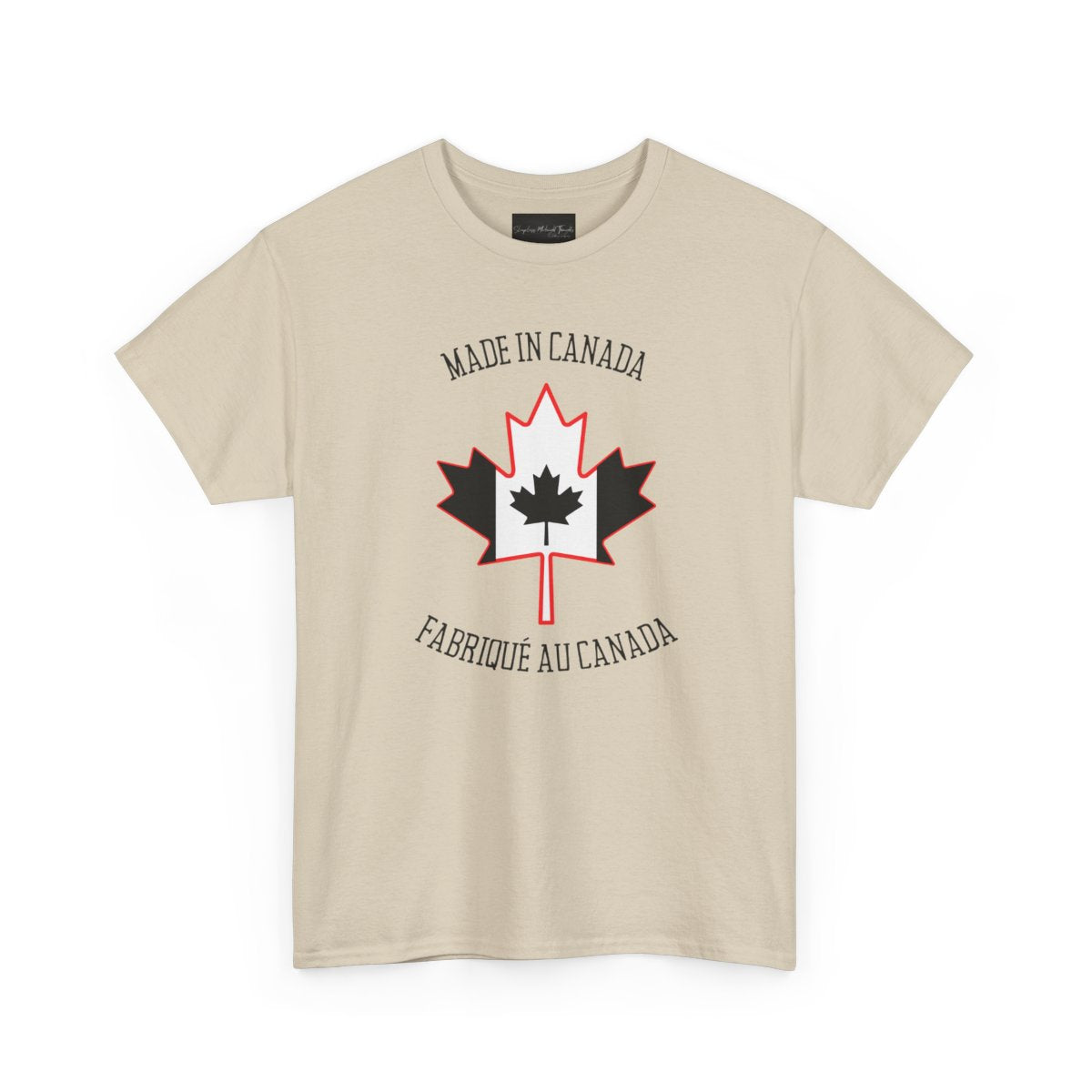 On the front of this custom unisex t-shirt is a large maple leaf with the Canadian flag on the inside, the words Made In Canada are above the maple leaf with the same in French underneath that says Fabrique Au Canada.