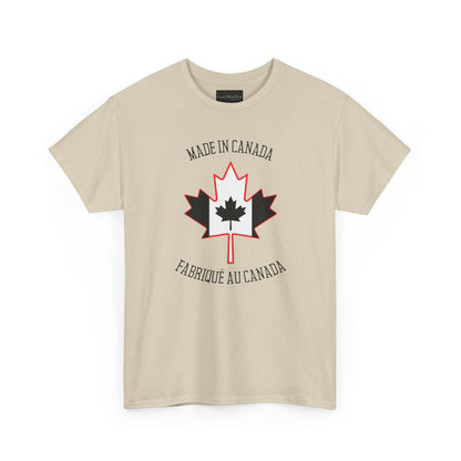 On the front of this custom unisex t-shirt is a large maple leaf with the Canadian flag on the inside, the words Made In Canada are above the maple leaf with the same in French underneath that says Fabrique Au Canada.