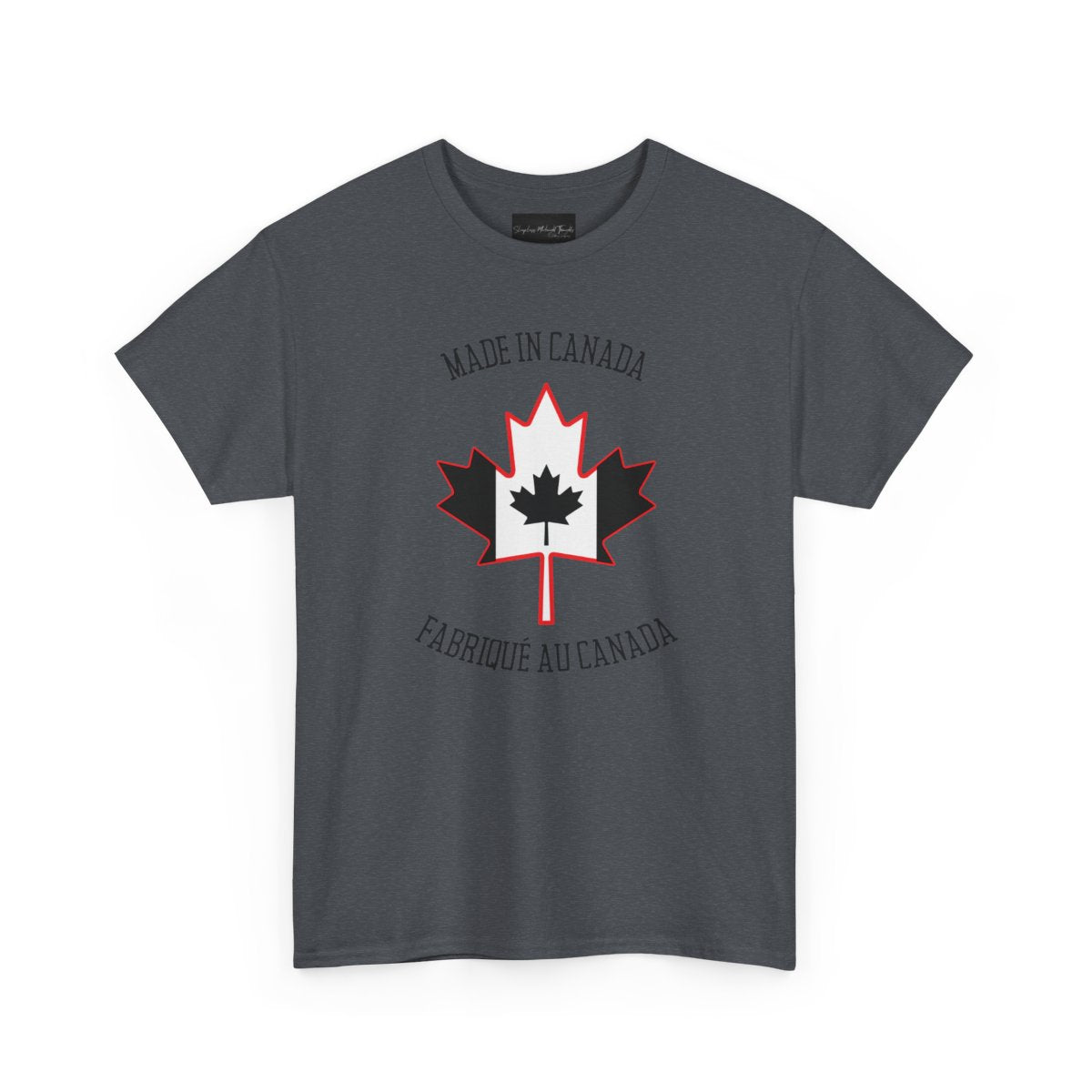 On the front of this custom unisex t-shirt is a large maple leaf with the Canadian flag on the inside, the words Made In Canada are above the maple leaf with the same in French underneath that says Fabrique Au Canada.