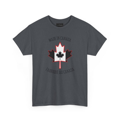 On the front of this custom unisex t-shirt is a large maple leaf with the Canadian flag on the inside, the words Made In Canada are above the maple leaf with the same in French underneath that says Fabrique Au Canada.