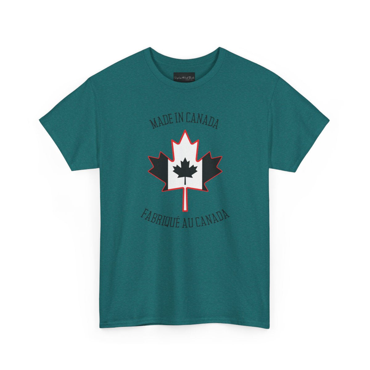 On the front of this custom unisex t-shirt is a large maple leaf with the Canadian flag on the inside, the words Made In Canada are above the maple leaf with the same in French underneath that says Fabrique Au Canada.