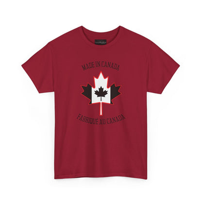 On the front of this custom unisex t-shirt is a large maple leaf with the Canadian flag on the inside, the words Made In Canada are above the maple leaf with the same in French underneath that says Fabrique Au Canada.