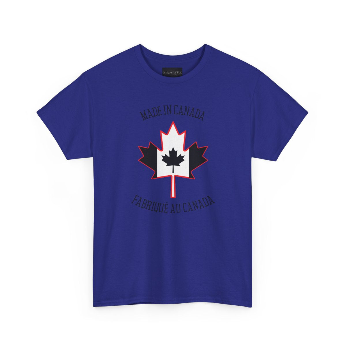 On the front of this custom unisex t-shirt is a large maple leaf with the Canadian flag on the inside, the words Made In Canada are above the maple leaf with the same in French underneath that says Fabrique Au Canada.