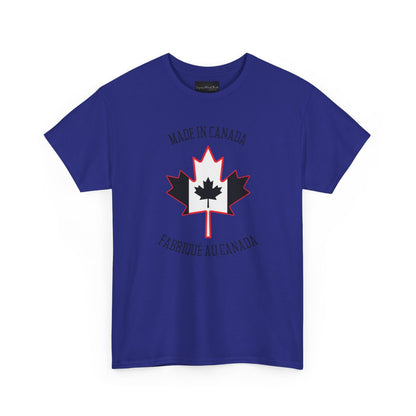 On the front of this custom unisex t-shirt is a large maple leaf with the Canadian flag on the inside, the words Made In Canada are above the maple leaf with the same in French underneath that says Fabrique Au Canada.