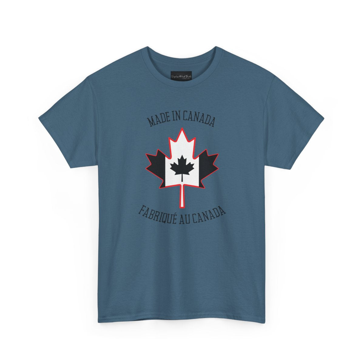 On the front of this custom unisex t-shirt is a large maple leaf with the Canadian flag on the inside, the words Made In Canada are above the maple leaf with the same in French underneath that says Fabrique Au Canada.