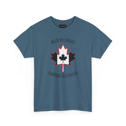 On the front of this custom unisex t-shirt is a large maple leaf with the Canadian flag on the inside, the words Made In Canada are above the maple leaf with the same in French underneath that says Fabrique Au Canada.