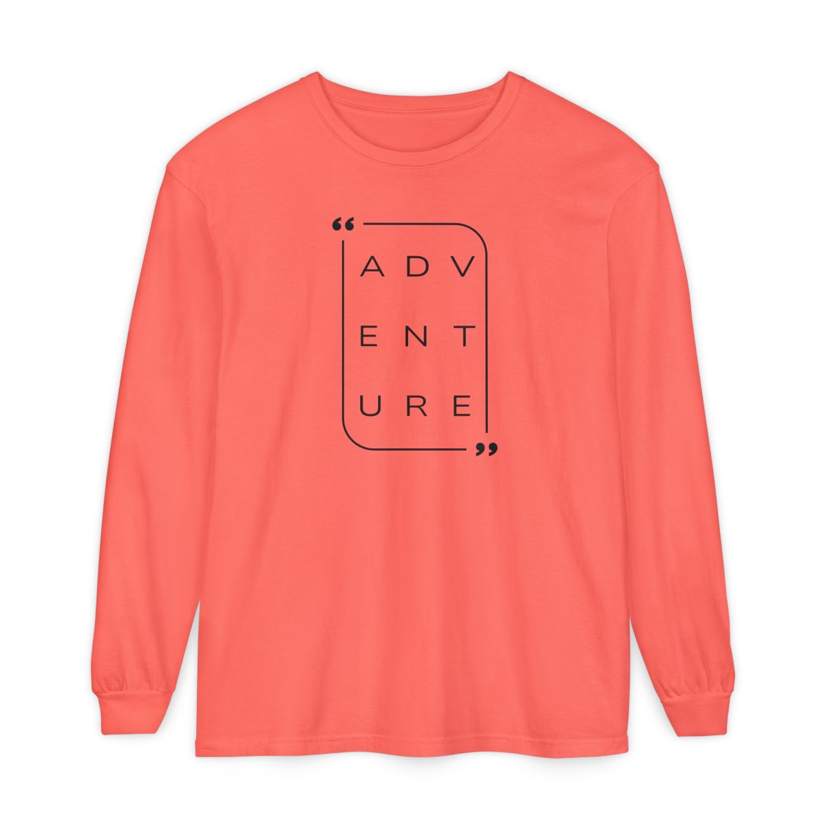 On the front of this super soft unisex long sleeve shirt is the word adventure with there being three letters on each line, it is in a modern font. There is a border around the word.