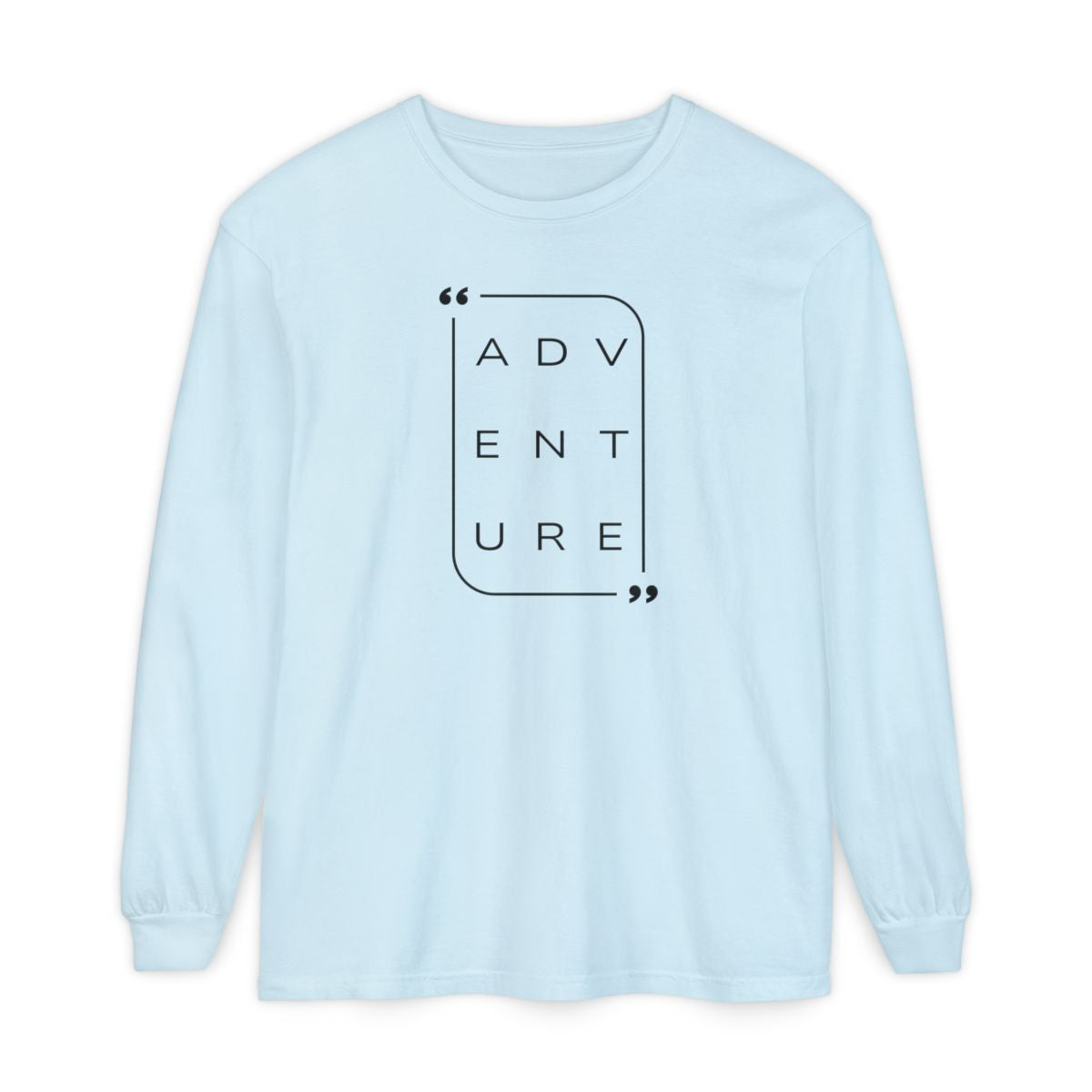 On the front of this super soft unisex long sleeve shirt is the word adventure with there being three letters on each line, it is in a modern font. There is a border around the word.