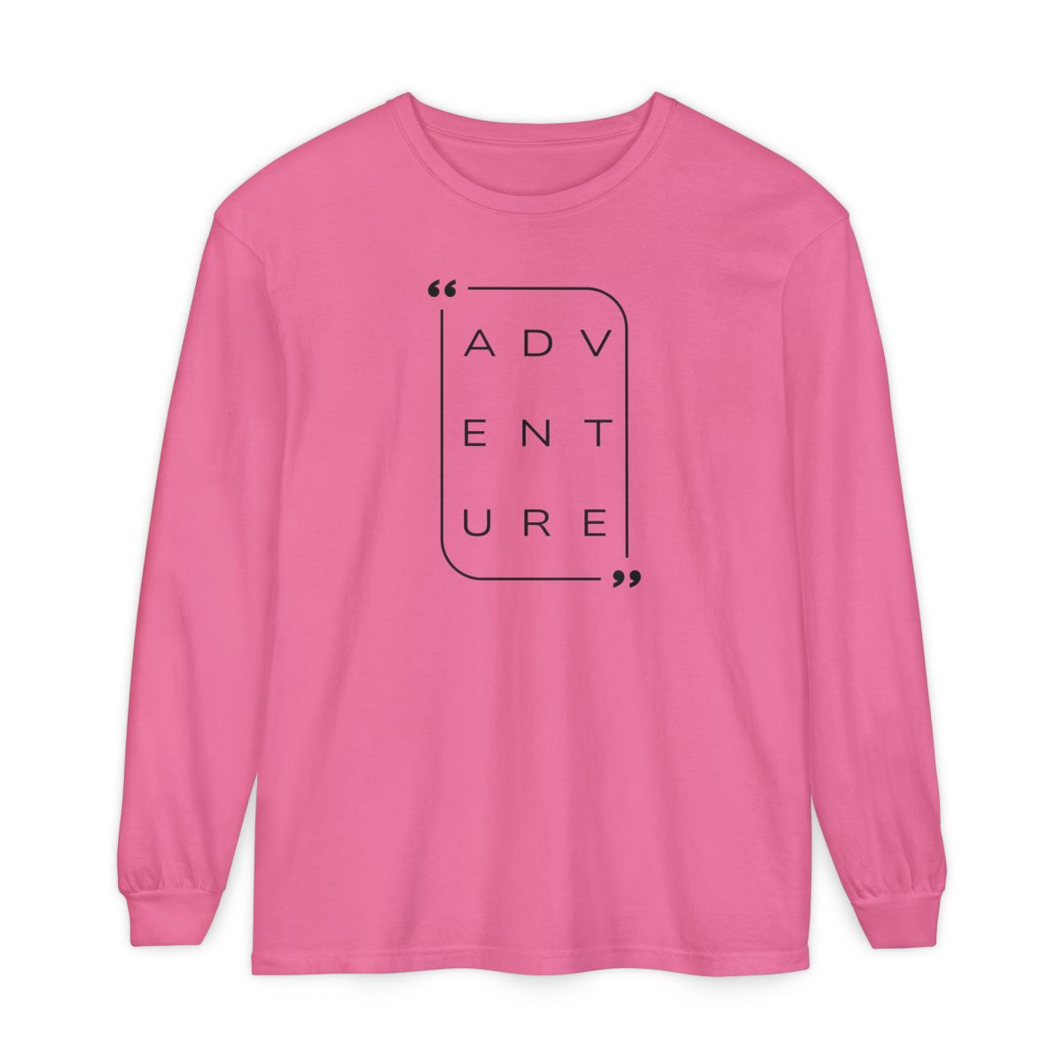 On the front of this super soft unisex long sleeve shirt is the word adventure with there being three letters on each line, it is in a modern font. There is a border around the word.