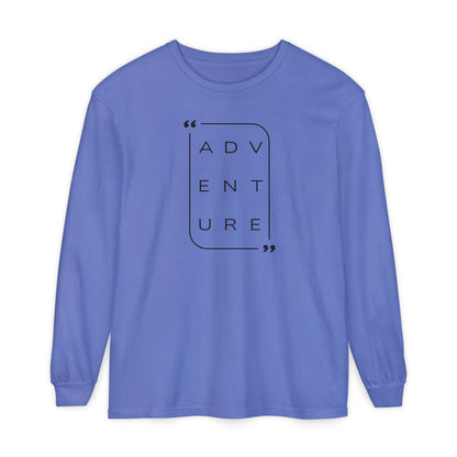 On the front of this super soft unisex long sleeve shirt is the word adventure with there being three letters on each line, it is in a modern font. There is a border around the word.
