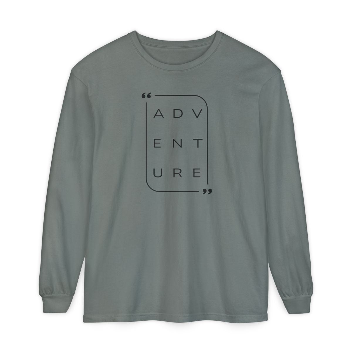 On the front of this super soft unisex long sleeve shirt is the word adventure with there being three letters on each line, it is in a modern font. There is a border around the word.