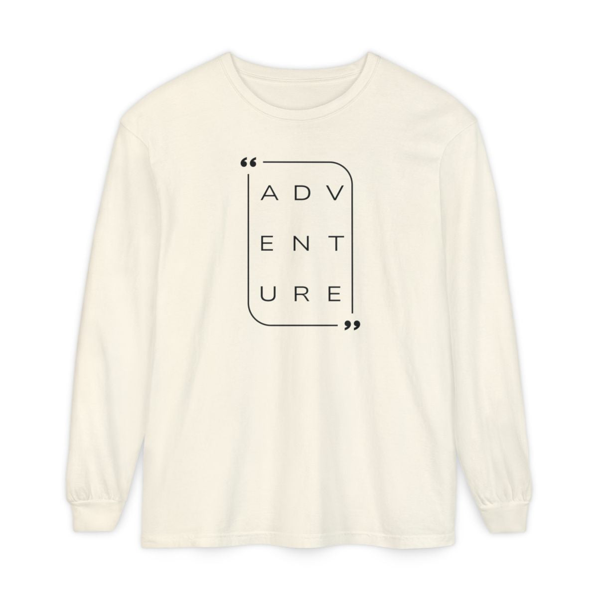 On the front of this super soft unisex long sleeve shirt is the word adventure with there being three letters on each line, it is in a modern font. There is a border around the word.