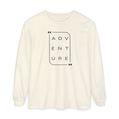 On the front of this super soft unisex long sleeve shirt is the word adventure with there being three letters on each line, it is in a modern font. There is a border around the word.