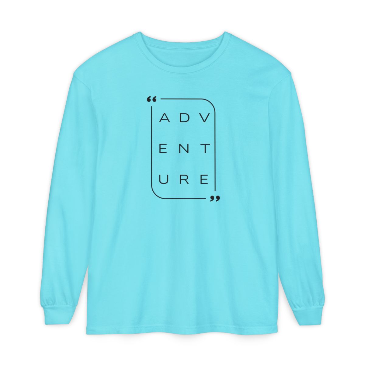 On the front of this super soft unisex long sleeve shirt is the word adventure with there being three letters on each line, it is in a modern font. There is a border around the word.