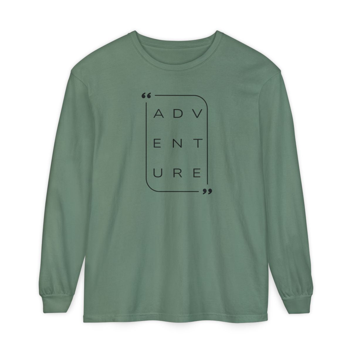 On the front of this super soft unisex long sleeve shirt is the word adventure with there being three letters on each line, it is in a modern font. There is a border around the word.