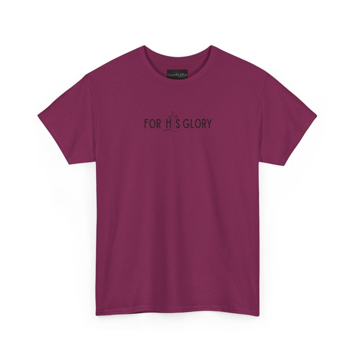 On the front of this super soft Christian unisex short sleeve shirt it says For His Glory with the letter I in the word His being a Jesus Cross.