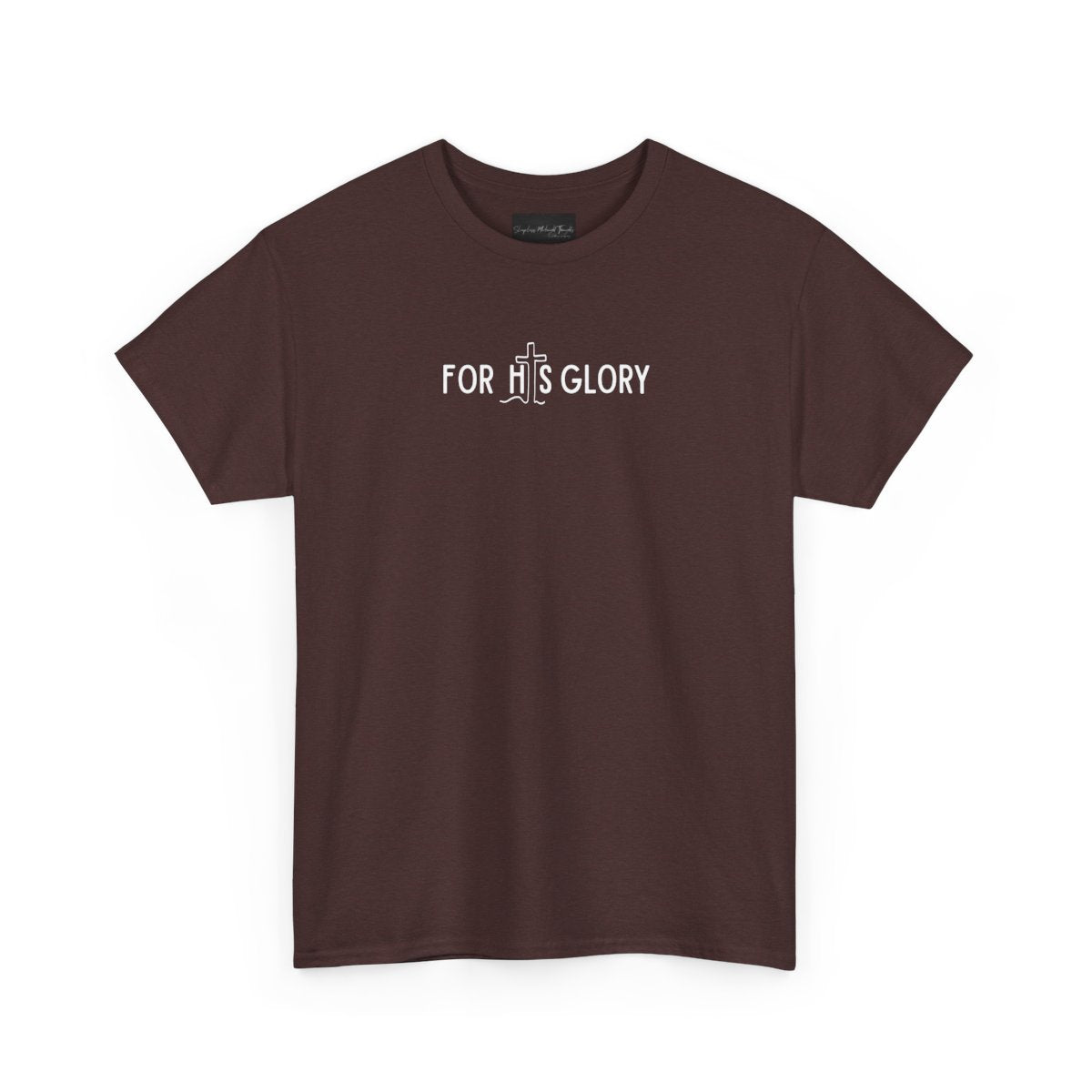 On the front of this super soft Christian unisex short sleeve shirt it says For His Glory with the letter I in the word His being a Jesus Cross.