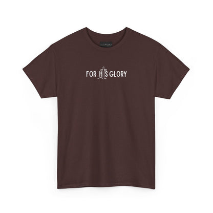 On the front of this super soft Christian unisex short sleeve shirt it says For His Glory with the letter I in the word His being a Jesus Cross.