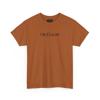 On the front of this super soft Christian unisex short sleeve shirt it says For His Glory with the letter I in the word His being a Jesus Cross.