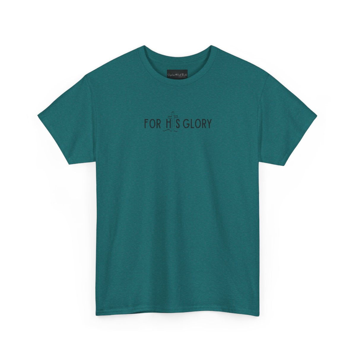 On the front of this super soft Christian unisex short sleeve shirt it says For His Glory with the letter I in the word His being a Jesus Cross.