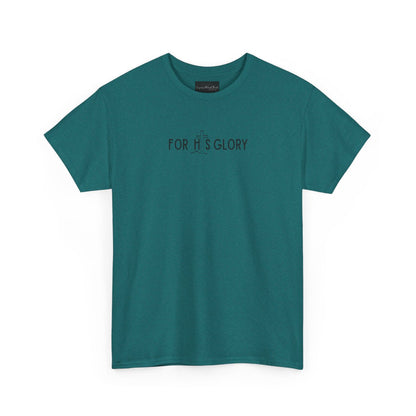 On the front of this super soft Christian unisex short sleeve shirt it says For His Glory with the letter I in the word His being a Jesus Cross.