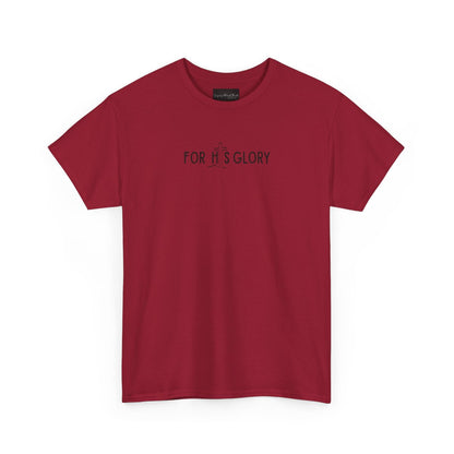 On the front of this super soft Christian unisex short sleeve shirt it says For His Glory with the letter I in the word His being a Jesus Cross.