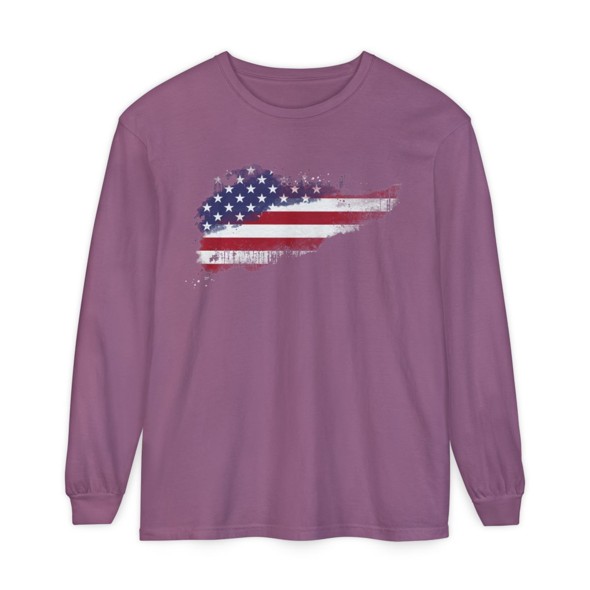 On the front of this super soft unisex long sleeve t-shirt is a vintage image of the United States of America Flag that looks like it has been scratched onto the shirt, this long sleeve tee is perfect for the 4th of July and patriotic individuals.