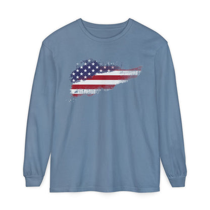 On the front of this super soft unisex long sleeve t-shirt is a vintage image of the United States of America Flag that looks like it has been scratched onto the shirt, this long sleeve tee is perfect for the 4th of July and patriotic individuals.