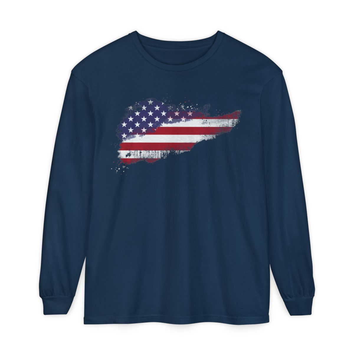 On the front of this super soft unisex long sleeve t-shirt is a vintage image of the United States of America Flag that looks like it has been scratched onto the shirt, this long sleeve tee is perfect for the 4th of July and patriotic individuals.