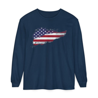 On the front of this super soft unisex long sleeve t-shirt is a vintage image of the United States of America Flag that looks like it has been scratched onto the shirt, this long sleeve tee is perfect for the 4th of July and patriotic individuals.