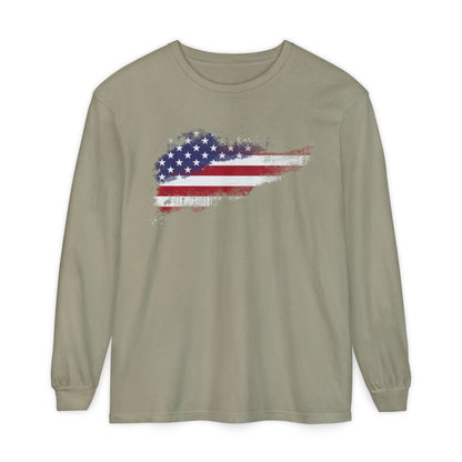 On the front of this super soft unisex long sleeve t-shirt is a vintage image of the United States of America Flag that looks like it has been scratched onto the shirt, this long sleeve tee is perfect for the 4th of July and patriotic individuals.