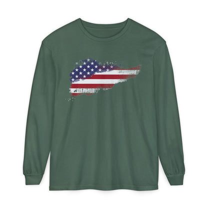 On the front of this super soft unisex long sleeve t-shirt is a vintage image of the United States of America Flag that looks like it has been scratched onto the shirt, this long sleeve tee is perfect for the 4th of July and patriotic individuals.