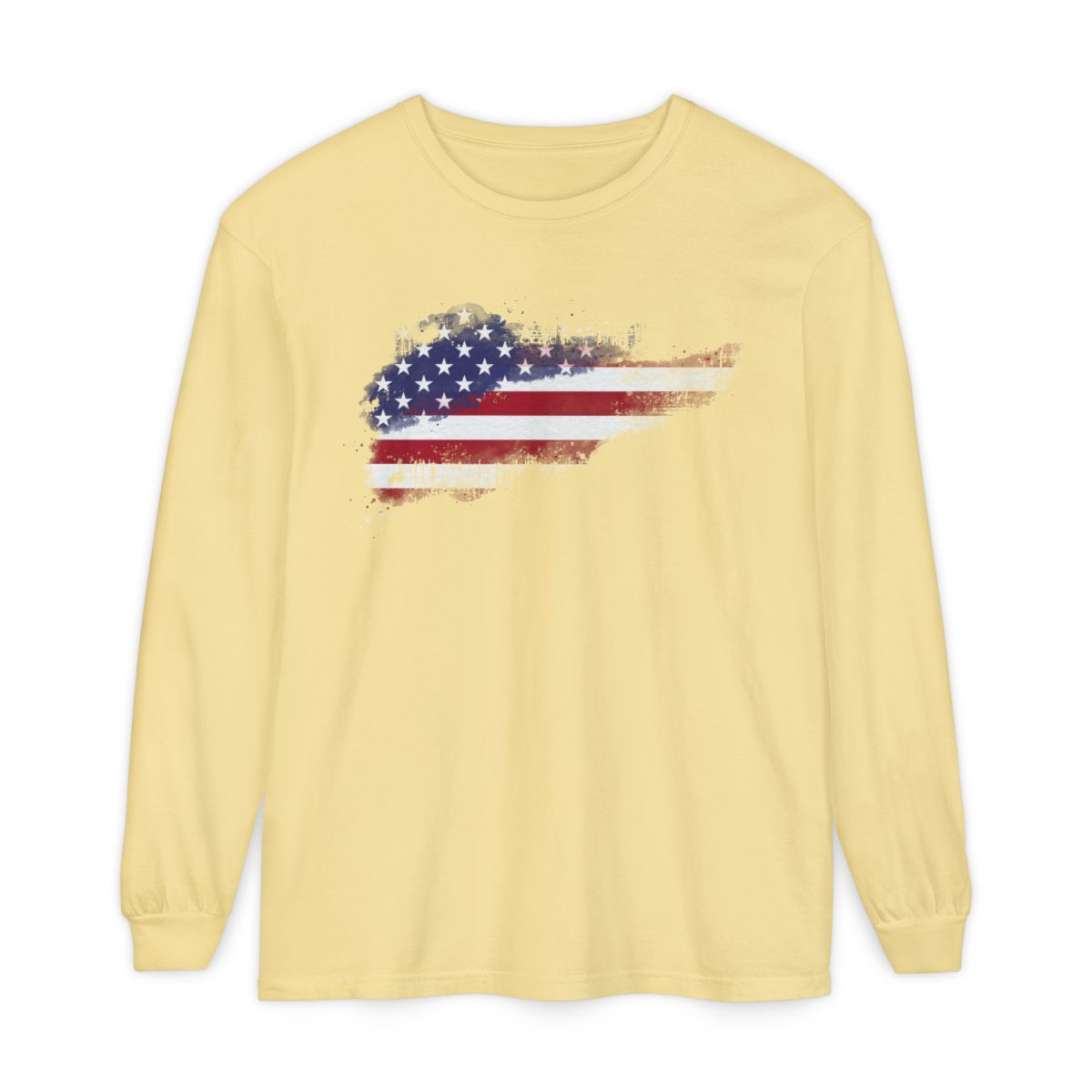 On the front of this super soft unisex long sleeve t-shirt is a vintage image of the United States of America Flag that looks like it has been scratched onto the shirt, this long sleeve tee is perfect for the 4th of July and patriotic individuals.