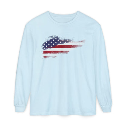 On the front of this super soft unisex long sleeve t-shirt is a vintage image of the United States of America Flag that looks like it has been scratched onto the shirt, this long sleeve tee is perfect for the 4th of July and patriotic individuals.