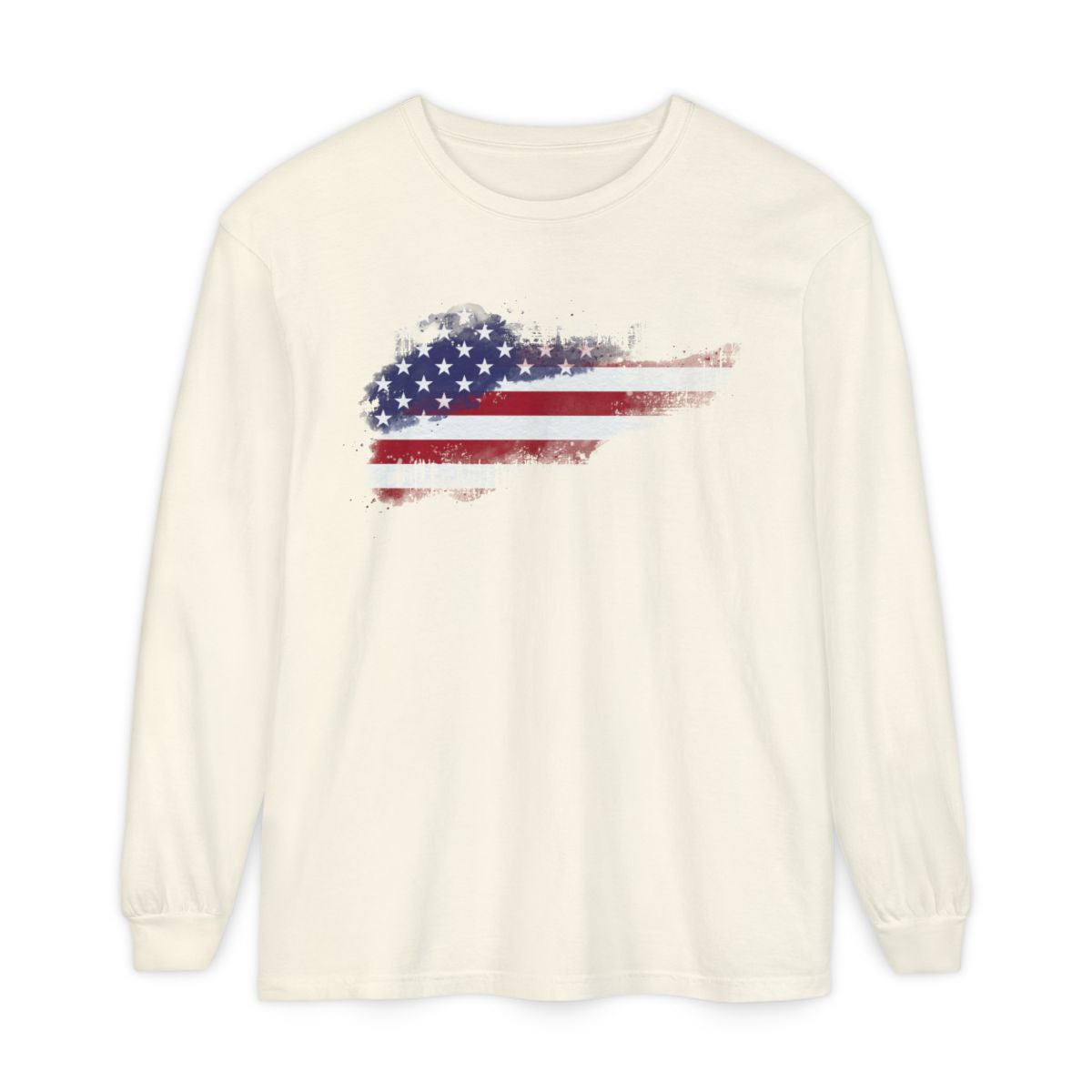 On the front of this super soft unisex long sleeve t-shirt is a vintage image of the United States of America Flag that looks like it has been scratched onto the shirt, this long sleeve tee is perfect for the 4th of July and patriotic individuals.