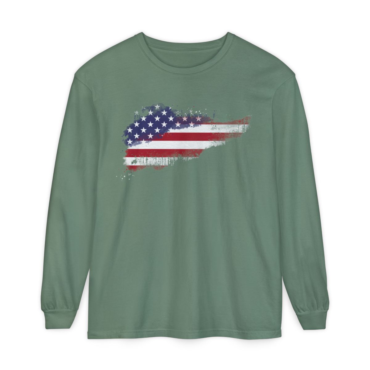 On the front of this super soft unisex long sleeve t-shirt is a vintage image of the United States of America Flag that looks like it has been scratched onto the shirt, this long sleeve tee is perfect for the 4th of July and patriotic individuals.