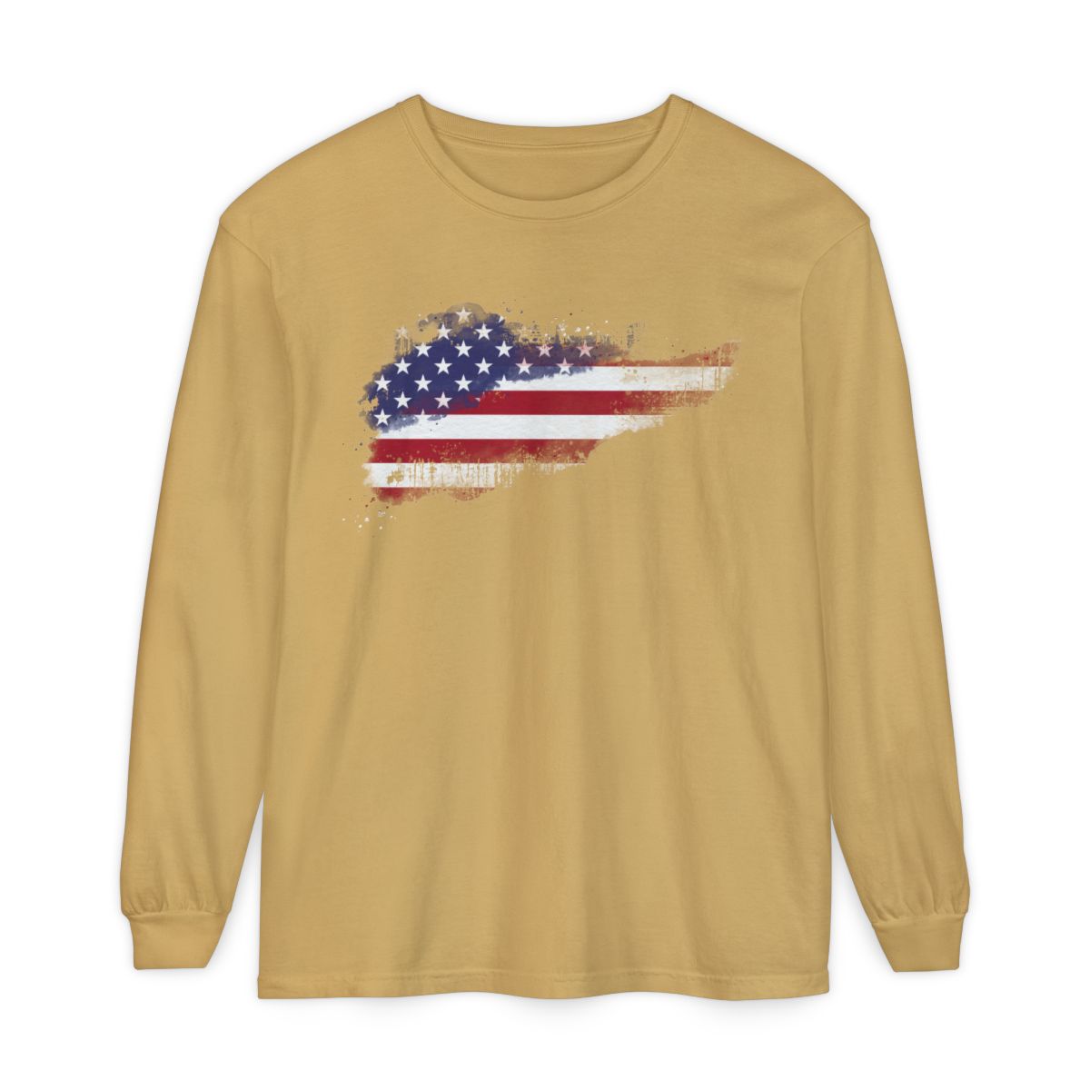 On the front of this super soft unisex long sleeve t-shirt is a vintage image of the United States of America Flag that looks like it has been scratched onto the shirt, this long sleeve tee is perfect for the 4th of July and patriotic individuals.