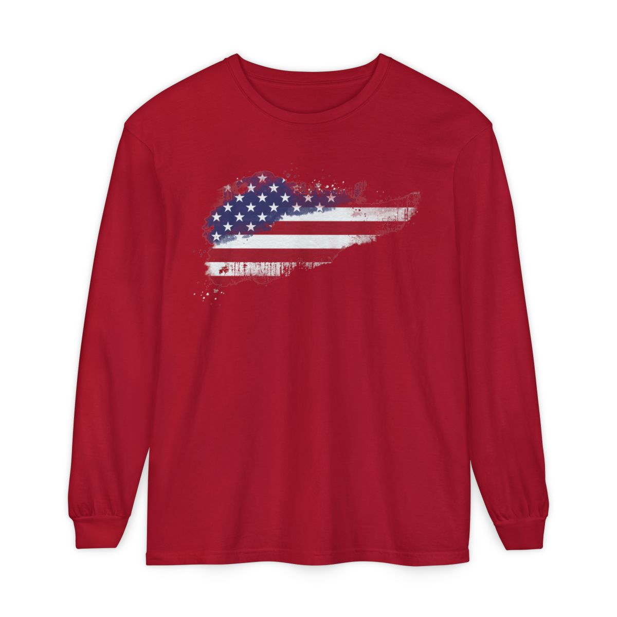 On the front of this super soft unisex long sleeve t-shirt is a vintage image of the United States of America Flag that looks like it has been scratched onto the shirt, this long sleeve tee is perfect for the 4th of July and patriotic individuals.