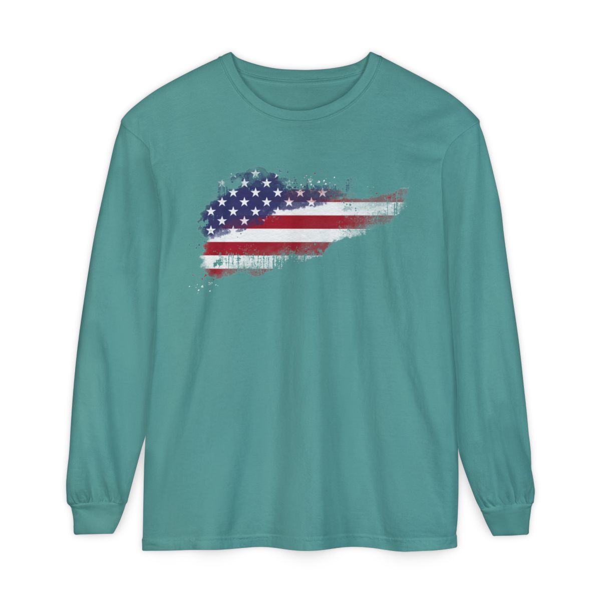 On the front of this super soft unisex long sleeve t-shirt is a vintage image of the United States of America Flag that looks like it has been scratched onto the shirt, this long sleeve tee is perfect for the 4th of July and patriotic individuals.