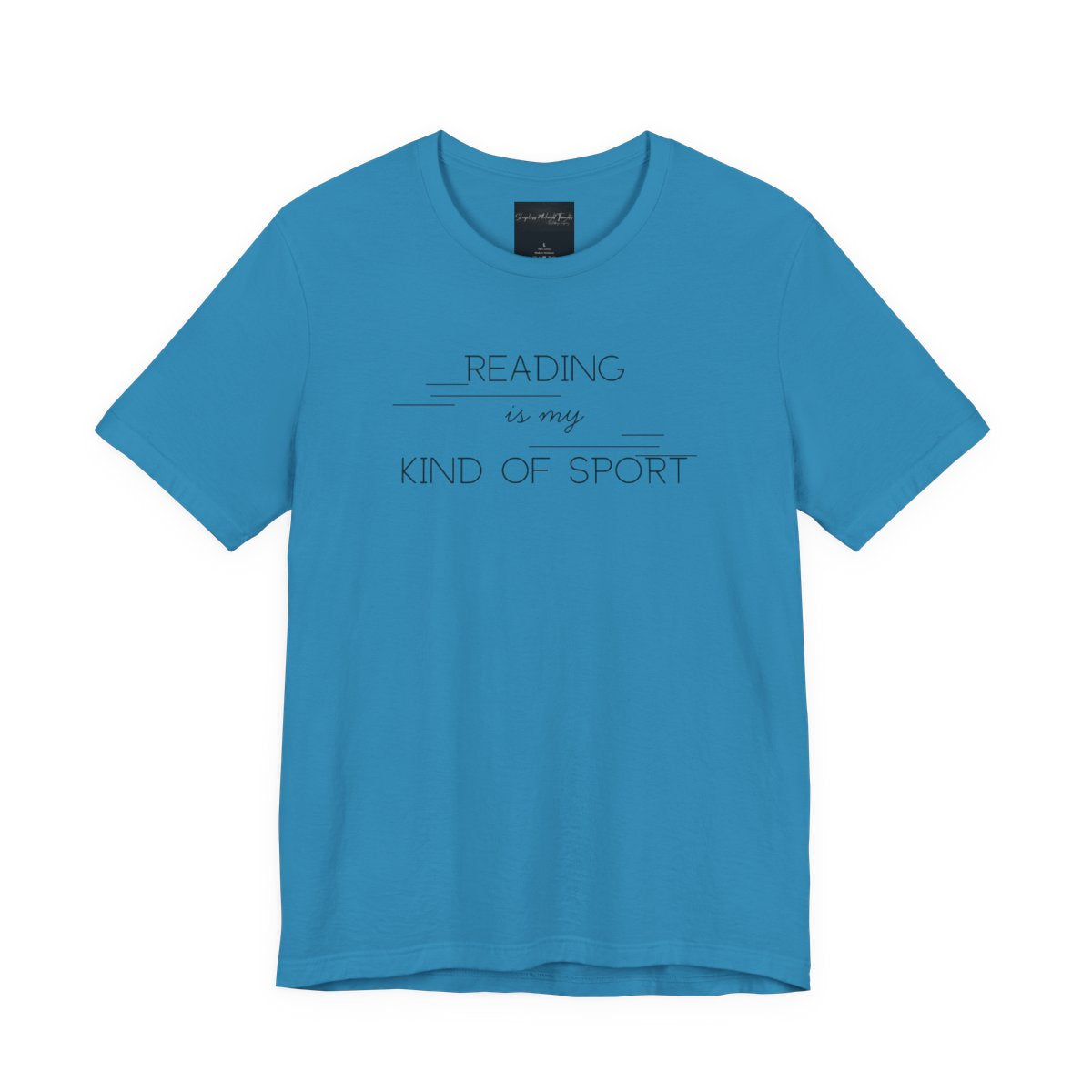 On the front of this custom booklover short sleeve shirt are the words Reading is my Kind of Sport, in a modern font with different length lines on either end of the writing giving the shirt a retro look.