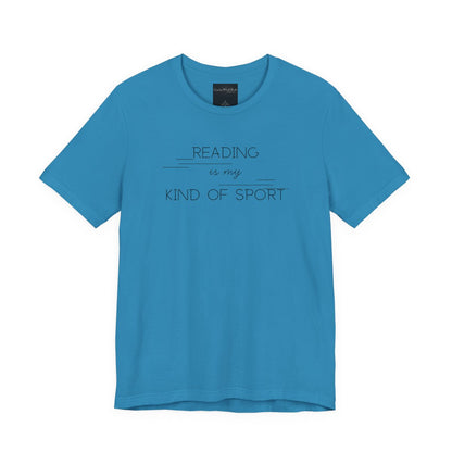 On the front of this custom booklover short sleeve shirt are the words Reading is my Kind of Sport, in a modern font with different length lines on either end of the writing giving the shirt a retro look.