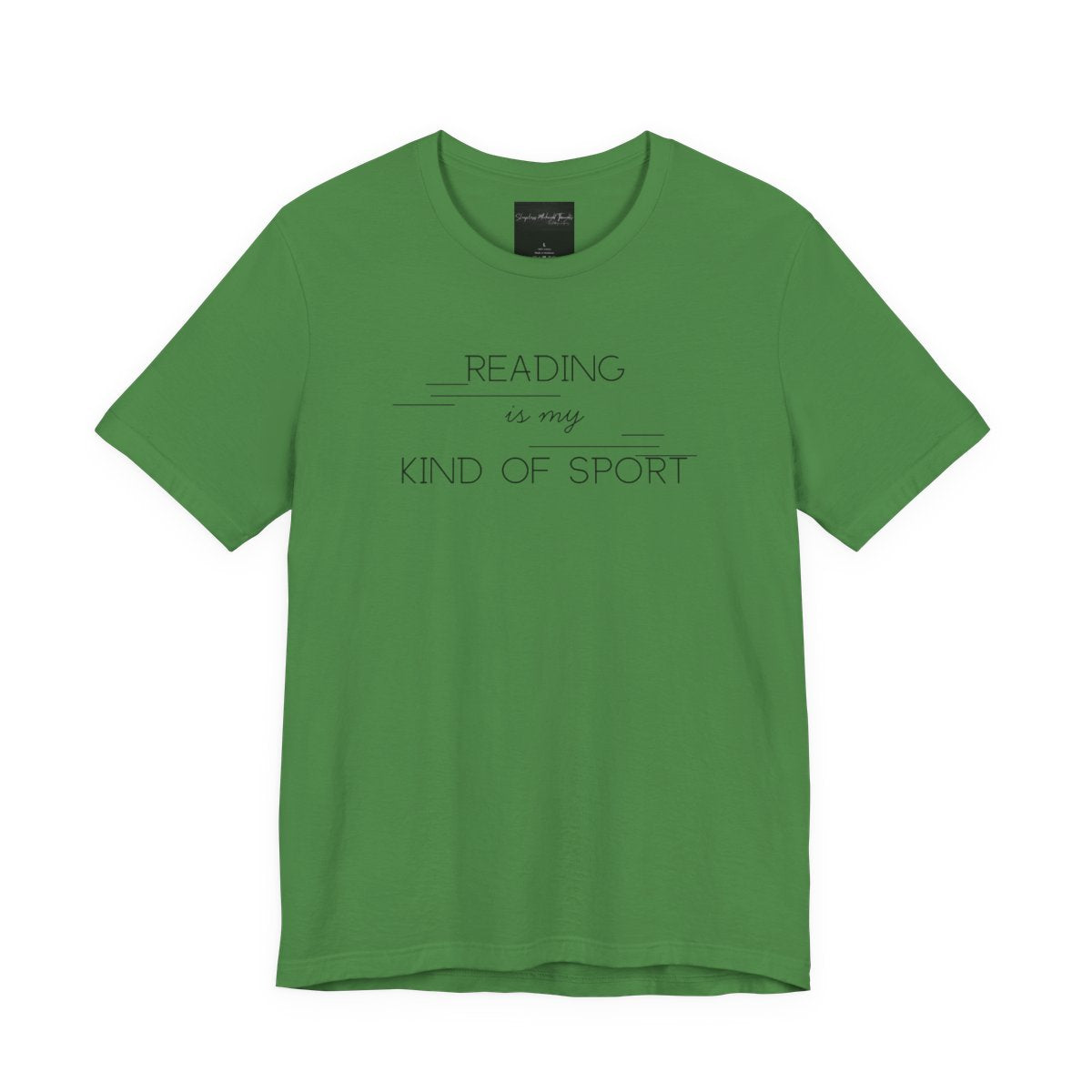 On the front of this custom booklover short sleeve shirt are the words Reading is my Kind of Sport, in a modern font with different length lines on either end of the writing giving the shirt a retro look.
