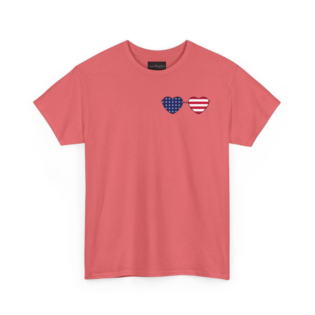 This super soft unisex t-shirt has a image of a pair of heart shaped sunglasses over the front left chest of the shirt, the American flag is inside the sunglasses. Perfect for 4th of July celebrations.