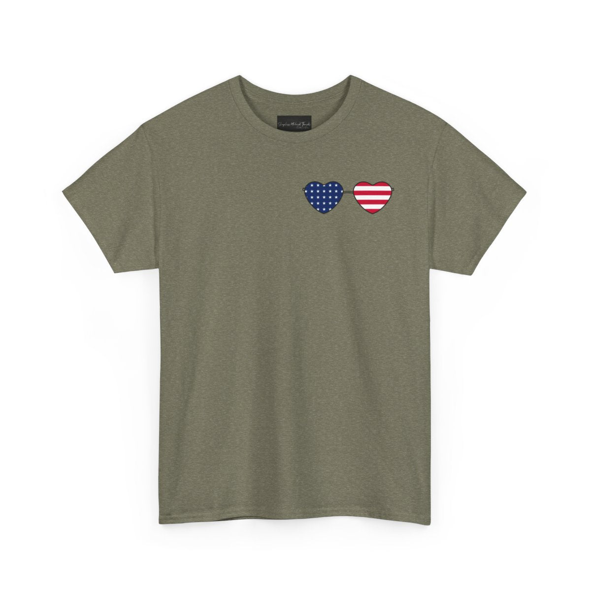 This super soft unisex t-shirt has a image of a pair of heart shaped sunglasses over the front left chest of the shirt, the American flag is inside the sunglasses. Perfect for 4th of July celebrations.