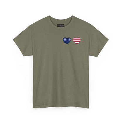 This super soft unisex t-shirt has a image of a pair of heart shaped sunglasses over the front left chest of the shirt, the American flag is inside the sunglasses. Perfect for 4th of July celebrations.
