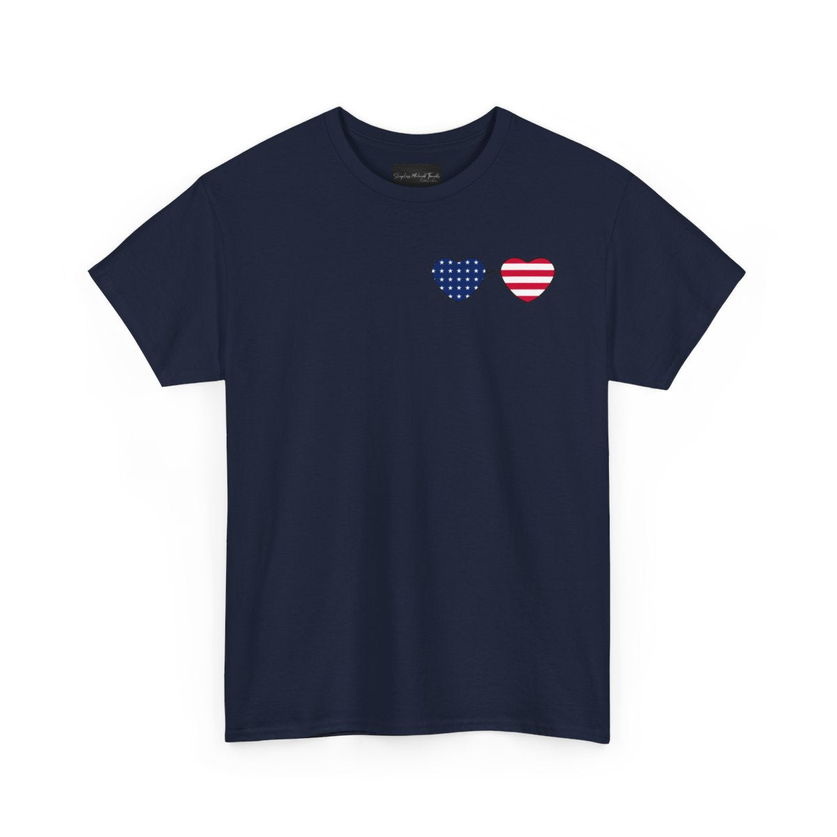 This super soft unisex t-shirt has a image of a pair of heart shaped sunglasses over the front left chest of the shirt, the American flag is inside the sunglasses. Perfect for 4th of July celebrations.