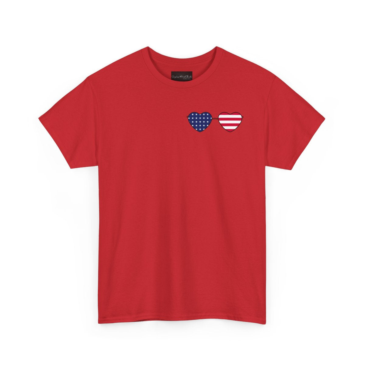 This super soft unisex t-shirt has a image of a pair of heart shaped sunglasses over the front left chest of the shirt, the American flag is inside the sunglasses. Perfect for 4th of July celebrations.