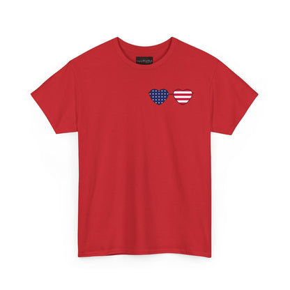 This super soft unisex t-shirt has a image of a pair of heart shaped sunglasses over the front left chest of the shirt, the American flag is inside the sunglasses. Perfect for 4th of July celebrations.