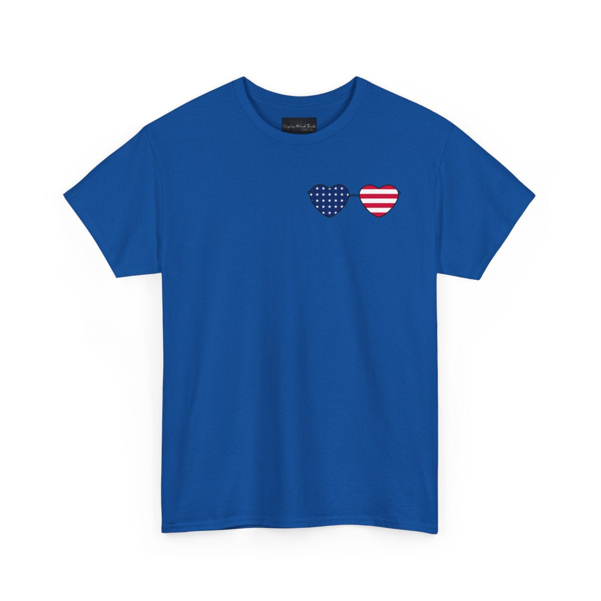 This super soft unisex t-shirt has a image of a pair of heart shaped sunglasses over the front left chest of the shirt, the American flag is inside the sunglasses. Perfect for 4th of July celebrations.